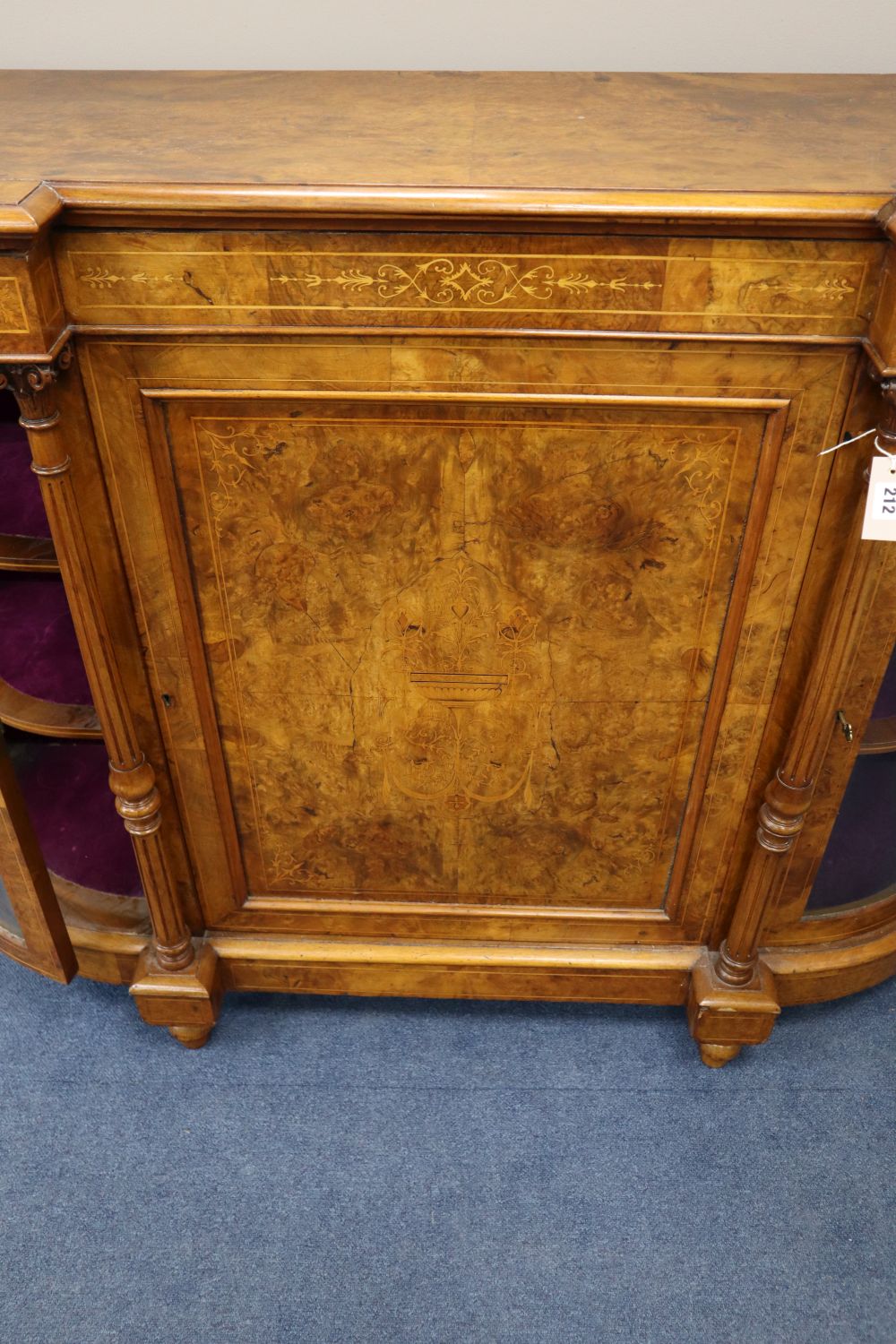 A Victorian walnut credenza, width 150cm, depth 46cm, height 110cm